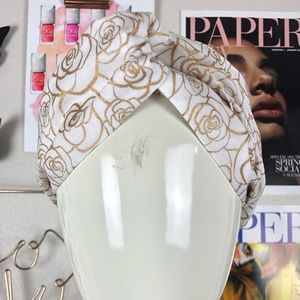 STYLISH DESIGNER HANDMADE TURBAN WHITE AND GOLD GRAPHIC PRINT COTTON HEADBAND